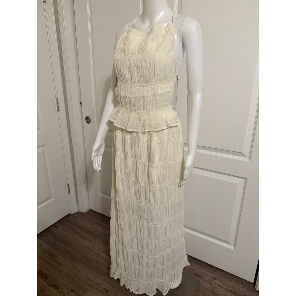 Lizette Collection Ivory Crinkle Smocked Halter Maxi Dress Peplum Open Back- M